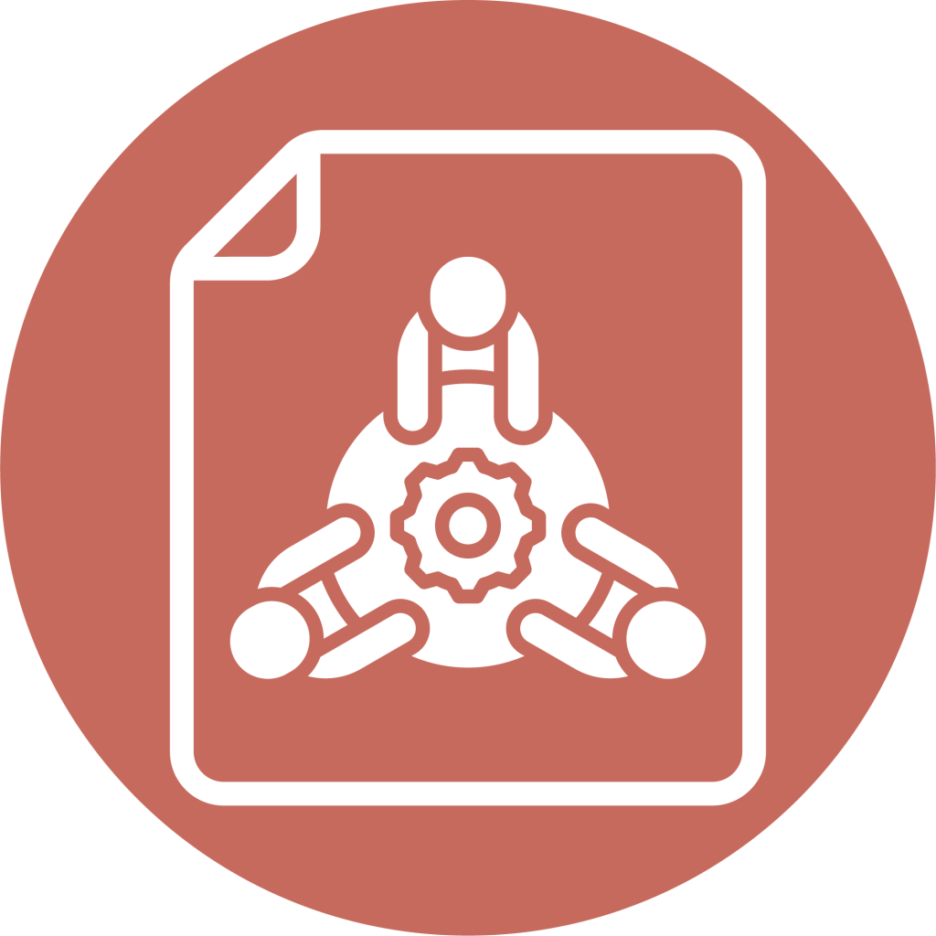 Option B icon: three people seated around a gear-icon-festooned table, as seen from above, on an orange-brown background